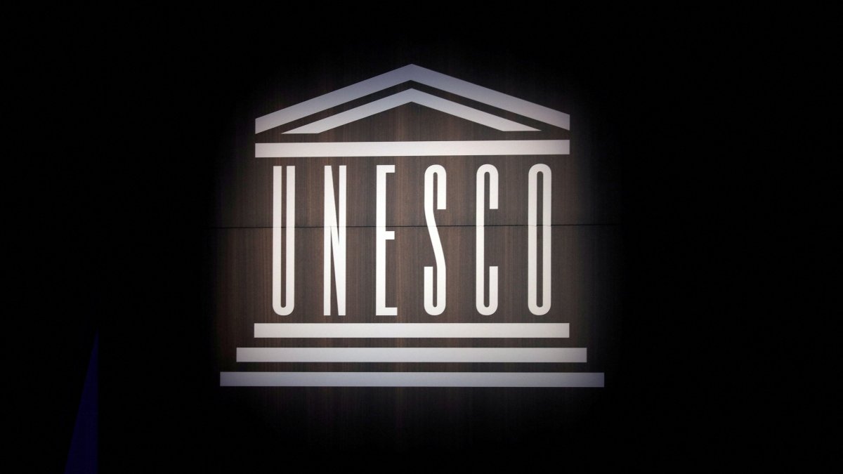 The UNESCO logo is seen during the opening of a conference at UNESCO headquarters, Paris, France, Oct. 30, 2017. (Reuters Photo)