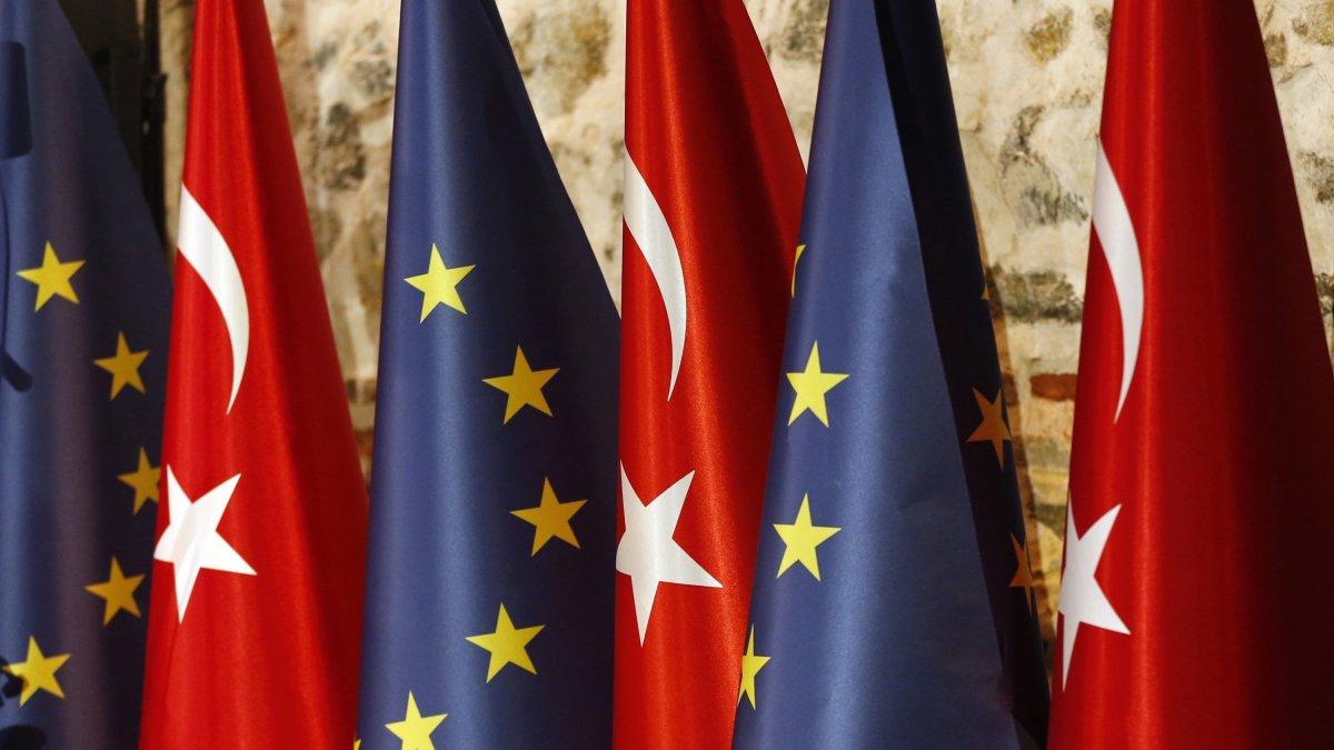 Türkiye and European Union flags prior to the opening session of a high-level meeting between EU and Türkiye, Istanbul, Türkiye, Feb. 28, 2019. (AP Photo)