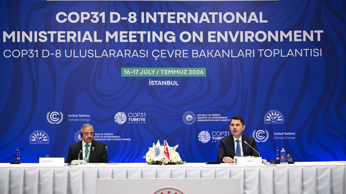 Environment, Urbanization and Climate Change Minister Murat Kurum (R) speaks during the COP31 D-8 International Ministerial Meeting on Environment event, Istanbul, Türkiye, July 17, 2026. (AA Photo)