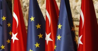 Türkiye and European Union flags prior to the opening session of a high-level meeting between EU and Türkiye, Istanbul, Türkiye, Feb. 28, 2019. (AP Photo)