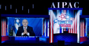 Israeli Prime Minister Benjamin Netanyahu speaks in a video to the 2019 American Israel Public Affairs Committee (AIPAC) policy conference, Washington Convention Center, Washington, U.S., March 26, 2019. (AP Photo)