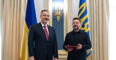 Foreign Minister Hakan Fidan is awarded the Order of Merit, Second Class, by Ukrainian President Volodymyr Zelenskyy, Kyiv, Ukraine, July 16, 2026. (AA Photo)