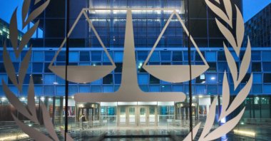 A glass door shown at the International Criminal Court (ICC), The Hague, Netherlands, Dec. 9, 2025. (AP Photo)