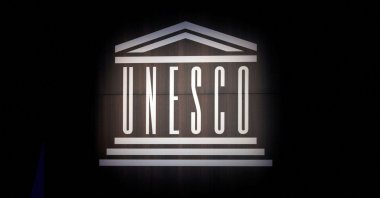 The UNESCO logo is seen during the opening of a conference at UNESCO headquarters, Paris, France, Oct. 30, 2017. (Reuters Photo)