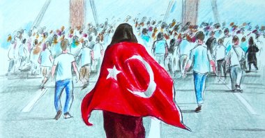 An illustration depicts a woman draped in the Turkish flag resisting the July 15 coup attempt, an image that went viral following the failed coup and became one of the symbols of Türkiye's resistance in defense of democracy. (Illustration by Erhan Yalvaç)