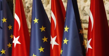 Türkiye and European Union flags prior to the opening session of a high-level meeting between EU and Türkiye, Istanbul, Türkiye, Feb. 28, 2019. (AP Photo)