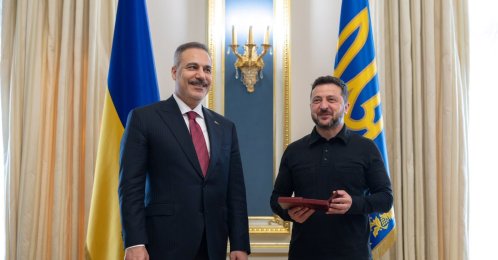 Foreign Minister Hakan Fidan is awarded the Order of Merit, Second Class, by Ukrainian President Volodymyr Zelenskyy, Kyiv, Ukraine, July 16, 2026. (AA Photo)