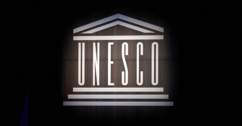 The UNESCO logo is seen during the opening of a conference at UNESCO headquarters, Paris, France, Oct. 30, 2017. (Reuters Photo)