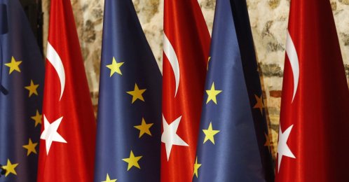 Türkiye and European Union flags prior to the opening session of a high-level meeting between EU and Türkiye, Istanbul, Türkiye, Feb. 28, 2019. (AP Photo)
