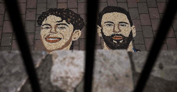 A mosaic made by Kosovar artist Alkent Pozhegu with grain and seeds, and depicting Argentina's Lionel Messi (R) and Spain's Lamine Yamal, Gjakova, Kosovo, July 16, 2026. (AFP Photo)