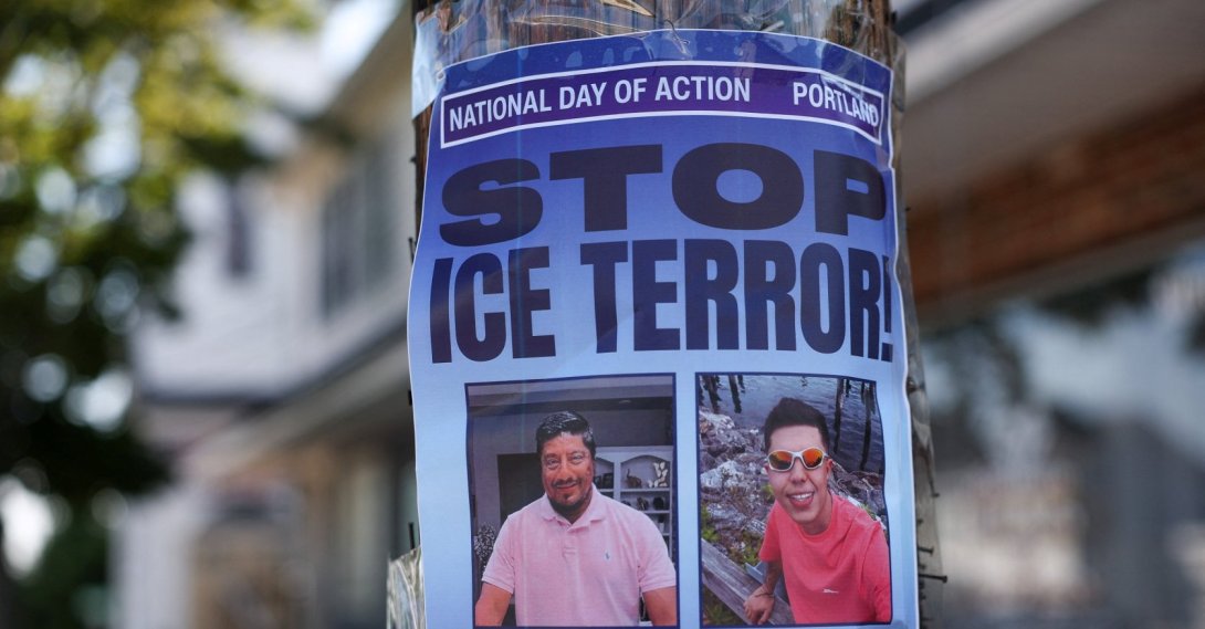 A poster calling for a national day of action against ICE hangs near a makeshift street-side memorial for Johan Sebastian Duran, a driver who was fatally shot on July 13 by U.S. Immigration and Customs Enforcement (ICE) agents, Biddeford, U.S., July 16, 2026. (Reuters Photo)