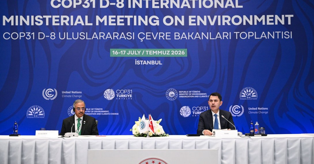 Environment, Urbanization and Climate Change Minister Murat Kurum (R) speaks during the COP31 D-8 International Ministerial Meeting on Environment event, Istanbul, Türkiye, July 17, 2026. (AA Photo)