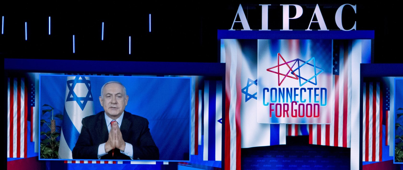 Israeli Prime Minister Benjamin Netanyahu speaks in a video to the 2019 American Israel Public Affairs Committee (AIPAC) policy conference, Washington Convention Center, Washington, U.S., March 26, 2019. (AP Photo)