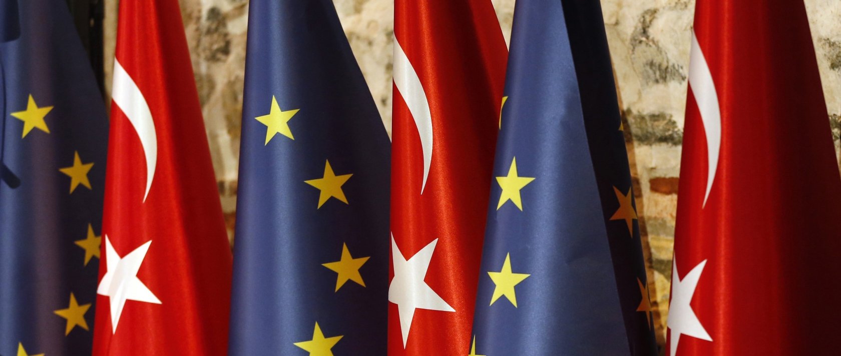 Türkiye and European Union flags prior to the opening session of a high-level meeting between EU and Türkiye, Istanbul, Türkiye, Feb. 28, 2019. (AP Photo)