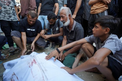 Mourners attend the funeral of a Palestinian who was killed in an Israeli strike at Al-Awda Hospital in Nuseirat refugee camp, Gaza Strip, Palestine, July 17, 2026. (Reuters Photo)