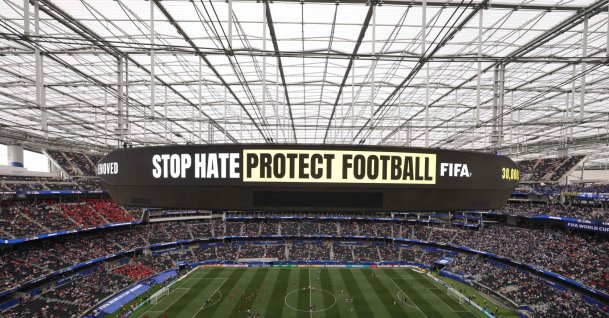 General view inside Los Angeles Stadium as the screen displays "Stop The Hate" messages before the FIFA World Cup 2026 Group B match between Switzerland and Bosnia and Herzegovina, Inglewood, U.S., June 18, 2026. (AFP Photo)