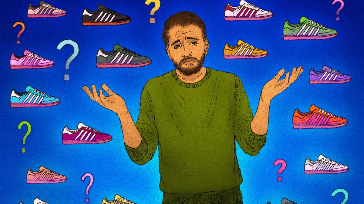 An illustration of a shopper overwhelmed by too many shoe choices. (AP Photo)