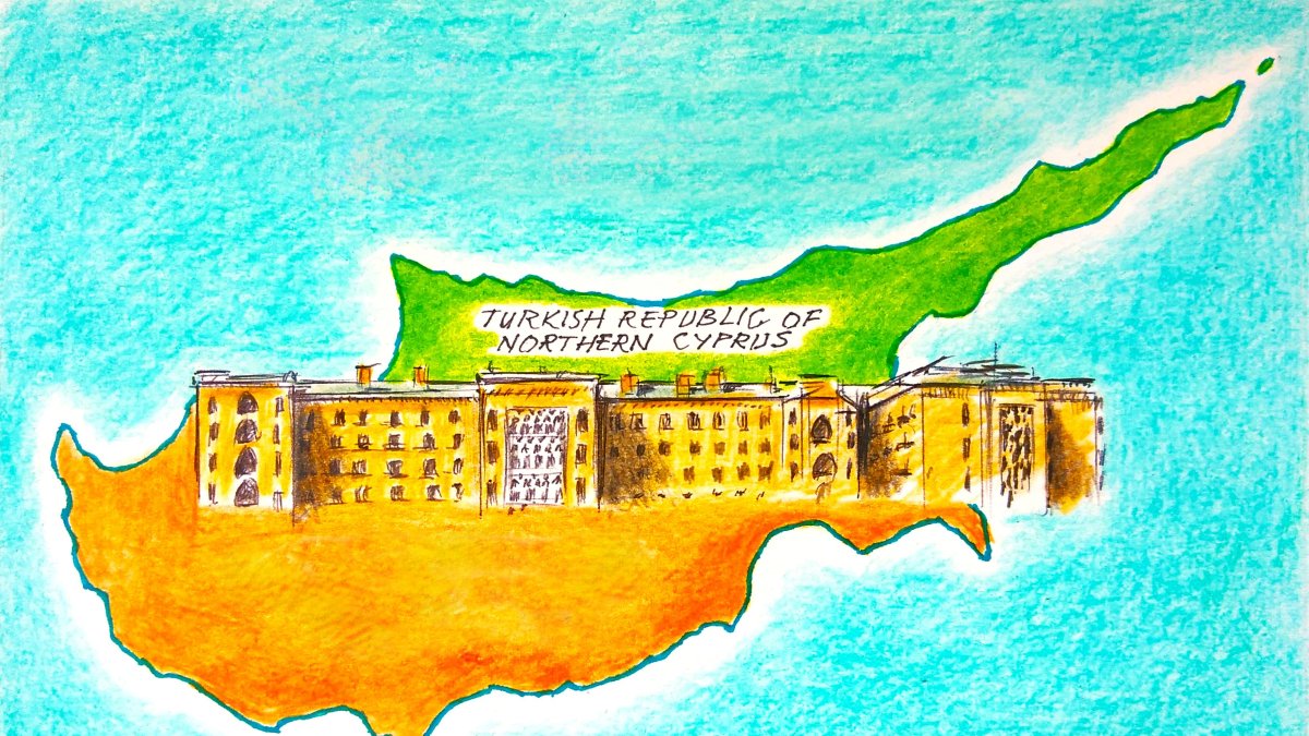 "'Nine days later, tired men argued all night, and one of them, chosen because he belonged to neither side, drew a line through the middle of my city.  Suddenly, I felt that half of me belonged to a different country from the other half,' said Ledra Palace Hotel, remembering 1963." (Illustration by Erhan Yalvaç)