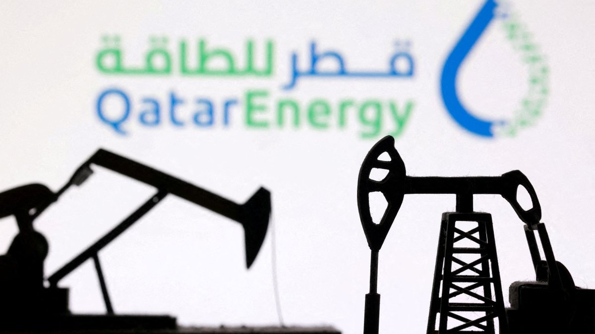 3D-printed oil pump jacks and the QatarEnergy logo appear in this illustration created on March 2, 2026. (Reuters Photo)