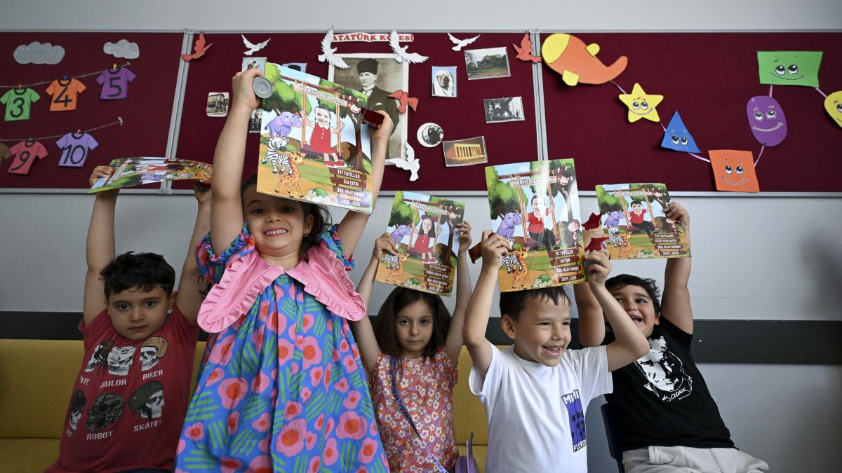 Students hold their report cards as the 2025-2026 academic year comes to an end, Ankara, Türkiye, June 26, 2026. (AA Photo)