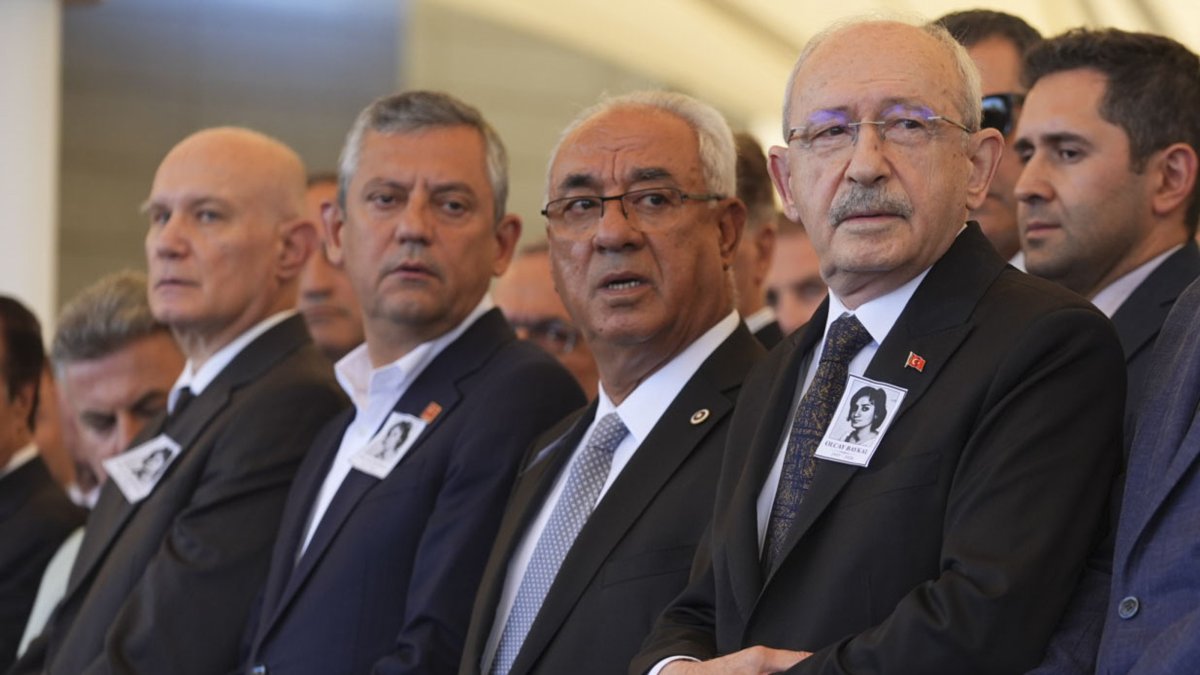 Former CHP Chair Özgür Özel (3rd R) and current Chair Kemal Kılıçdaroğlu (R) attend the funeral of Olcay Baykal, wife of former CHP leader Deniz Baykal, Ankara, Türkiye, July 17, 2026. (AA Photo)