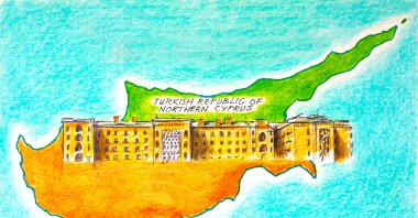 "'Nine days later, tired men argued all night, and one of them, chosen because he belonged to neither side, drew a line through the middle of my city.  Suddenly, I felt that half of me belonged to a different country from the other half,' said Ledra Palace Hotel, remembering 1963." (Illustration by Erhan Yalvaç)