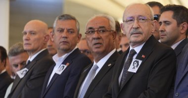 Former CHP Chair Özgür Özel (3rd R) and current Chair Kemal Kılıçdaroğlu (R) attend the funeral of Olcay Baykal, wife of former CHP leader Deniz Baykal, Ankara, Türkiye, July 17, 2026. (AA Photo)