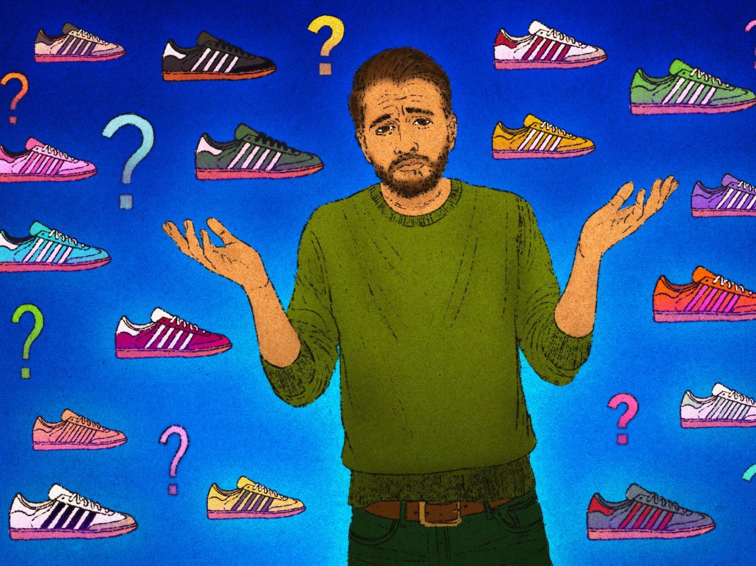 An illustration of a shopper overwhelmed by too many shoe choices. (AP Photo)