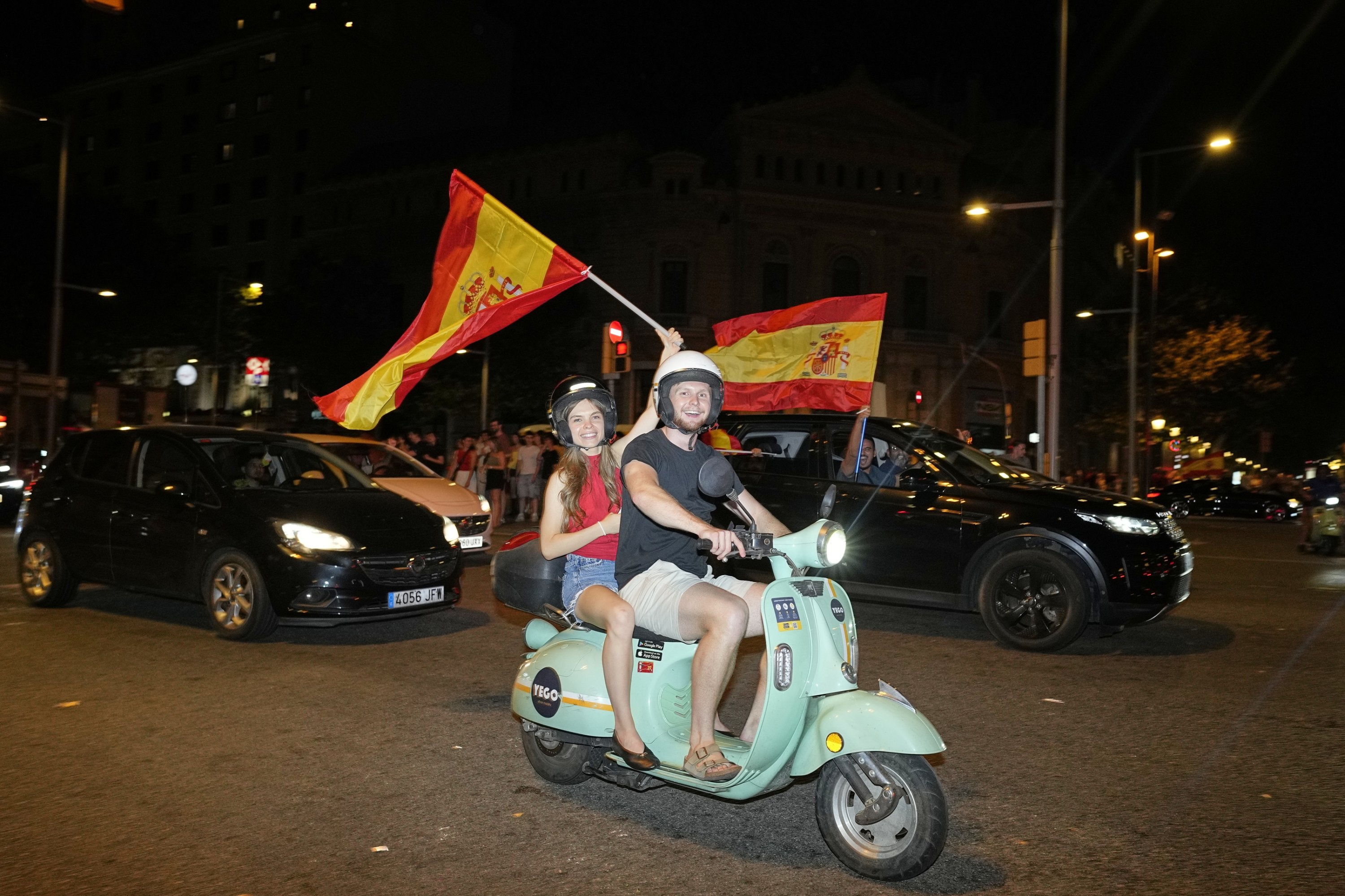 Supporters of Spain celebrate in the streets after winning the FIFA World Cup 2026 final match between Spain and Argentina, in Barcelona, Spain, July 19, 2026. (EPA Photo)