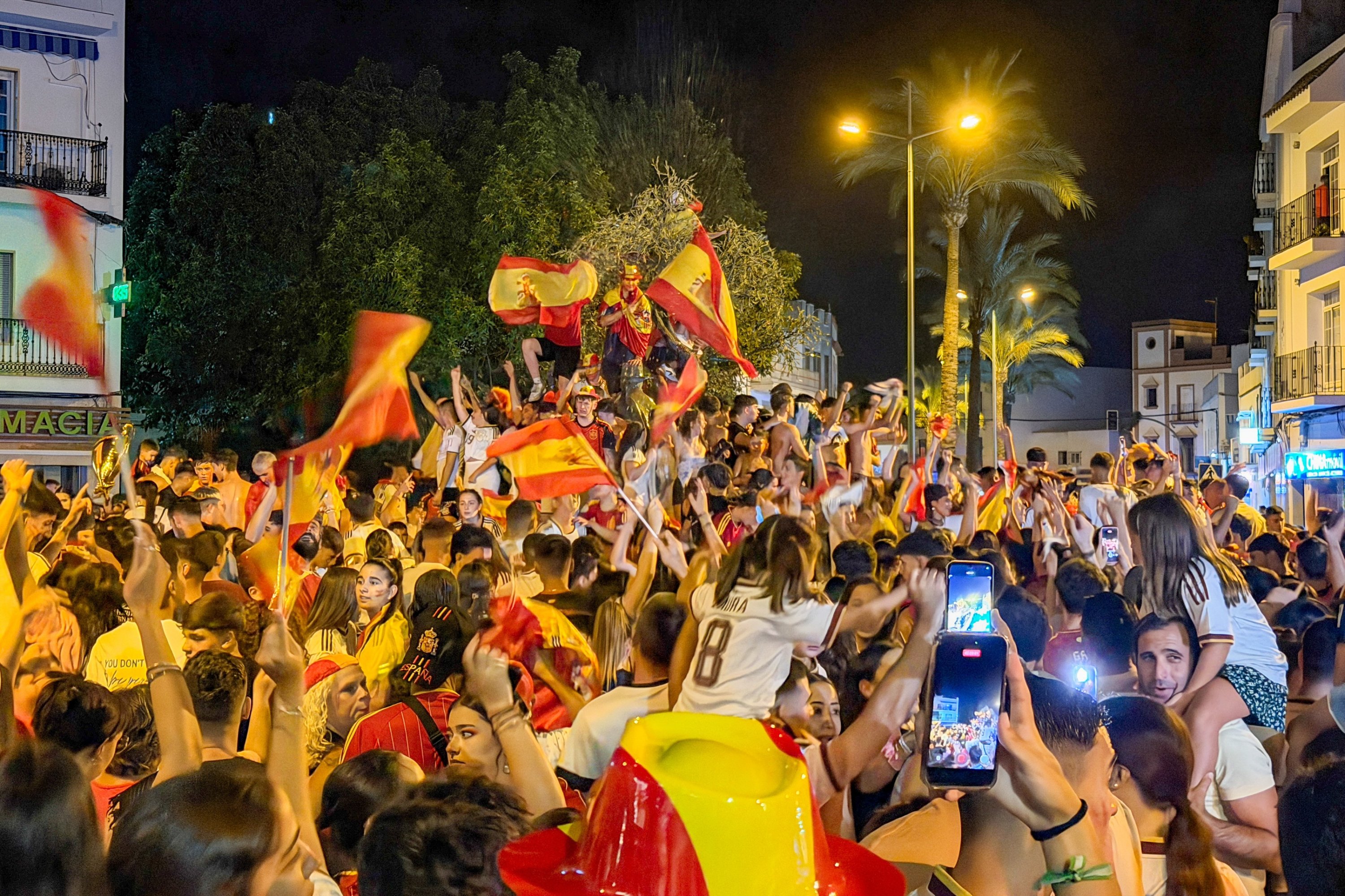 Supporters of Spain gather and celebrate after winning the FIFA World Cup 2026 final match between Spain and Argentina in Los Palacios, Seville, Spain, July 19, 2026. (EPA Photo)
