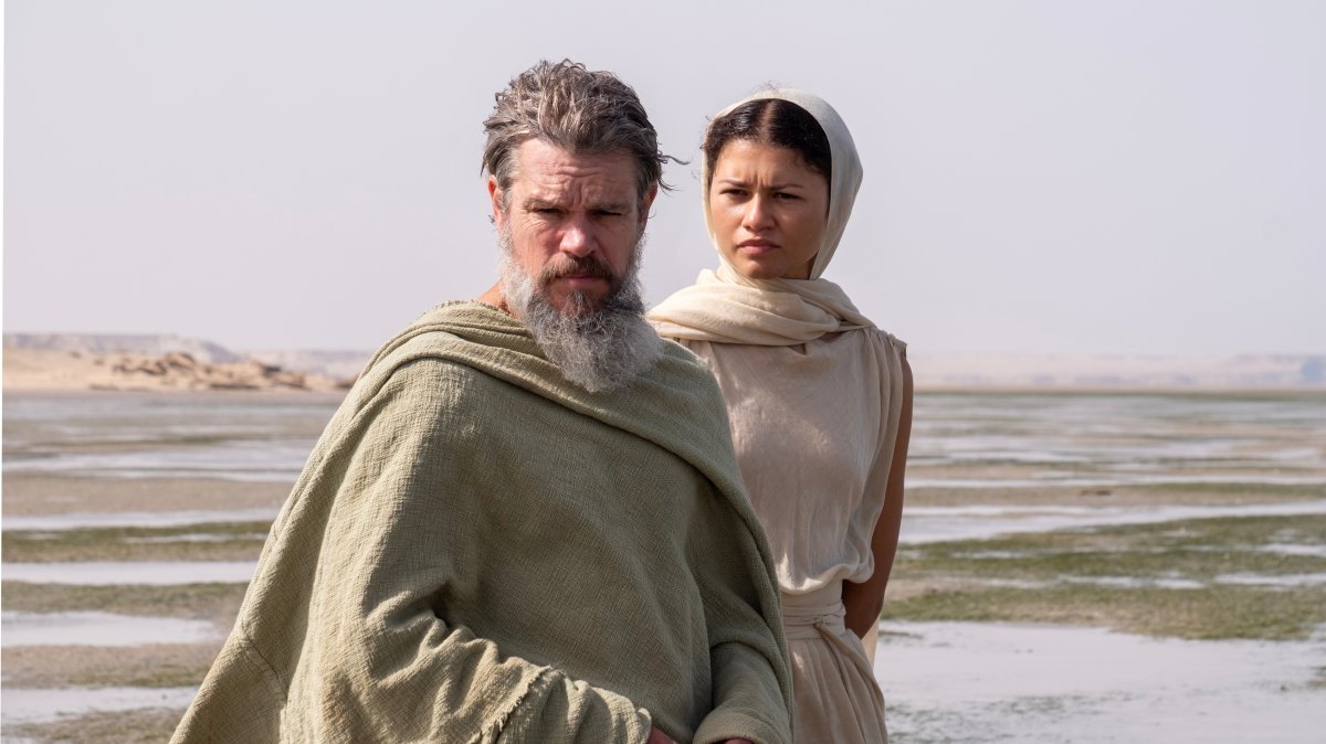This image released by Universal Pictures shows Matt Damon as Odysseus (L) and Zendaya as Athena (R), in a scene from "The Odyssey." (AP Photo)