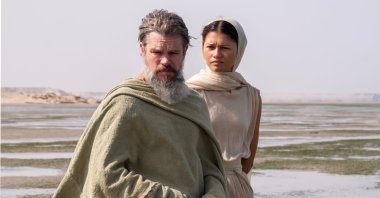 This image released by Universal Pictures shows Matt Damon as Odysseus (L) and Zendaya as Athena (R), in a scene from "The Odyssey." (AP Photo)