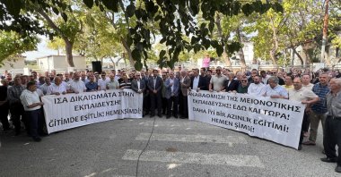 Western Thrace Turks protest outside minority primary school in the village of Mizanlı, after the school wasn't allowed to open despite meeting the required number of students, Xanthi, Greece, Sept. 11, 2025. (AA Photo) 
