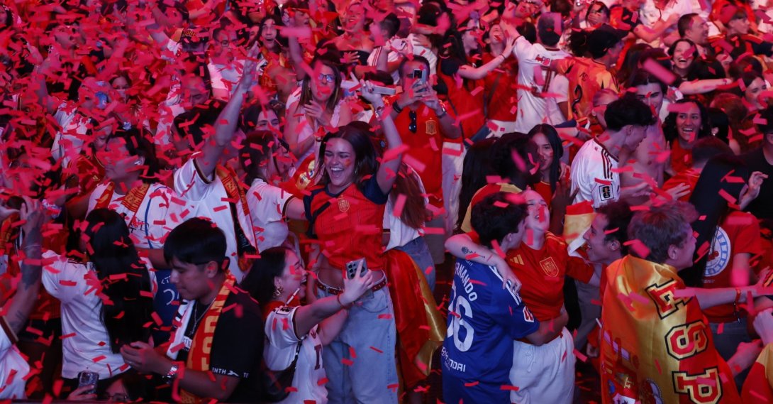 Spanish fans celebrate winning during a public viewing of the FIFA World Cup 2026 final match between Argentina and Spain at the Movistar Arena in Madrid, Spain, July 19, 2026. (EPA Photo)
