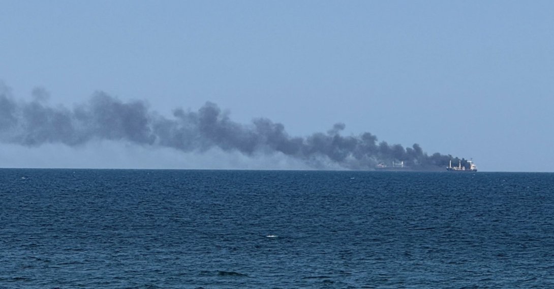 Smoke rises from a civilian vessel on fire amid Russia's attack on Ukraine, in Odesa, Ukraine, July 19, 2026. (Reuters Photo)