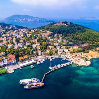 Aerial view captures Heybeliada, second-largest of the Princes' Islands in the Sea of Marmara, Istanbul, Türkiye. (Shutterstock Photo)