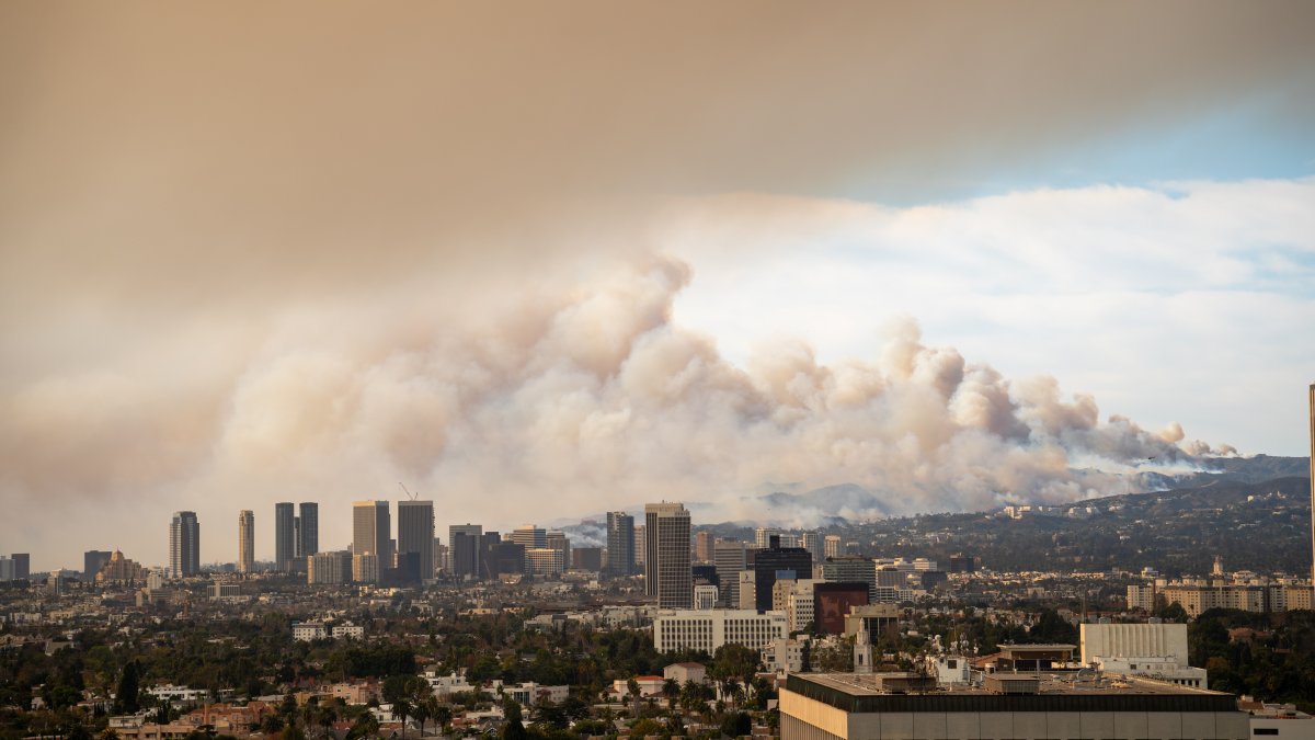 Dense smoke hovers over urban areas as a result of a wildfire in Pacific Palisades, Los Angeles, U.S., Jan. 8, 2025. (Shutterstock Photo)