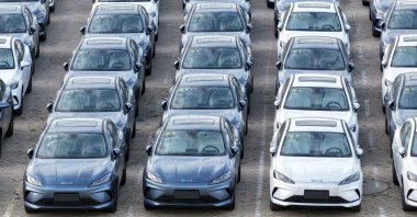 BYD cars are seen at a car storage yard before being loaded onto ships for export, Yantai, China's eastern Shandong province, July 19, 2026. (AFP Photo)