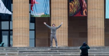 Actor Anthony Ippolito as Sylvester Stallone filming scenes on the set of "I Play Rocky" at "The Rocky Steps" at the Philadelphia Museum of Art, Pennsylvania, U.S., Nov., 19, 2025. (Getty Images Photo)