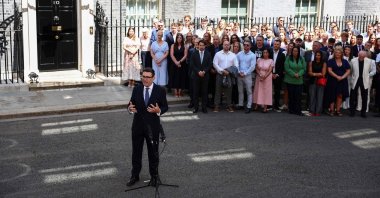 Britain's new Prime Minister Andy Burnham gives his first speech in front of 10 Downing St. in central London, U.K., July 20, 2026. (AFP Photo)