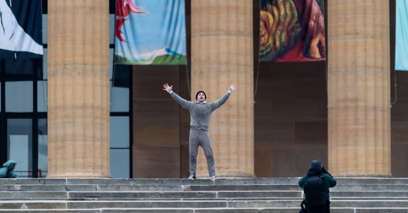 Actor Anthony Ippolito as Sylvester Stallone filming scenes on the set of "I Play Rocky" at "The Rocky Steps" at the Philadelphia Museum of Art, Pennsylvania, U.S., Nov., 19, 2025. (Getty Images Photo)
