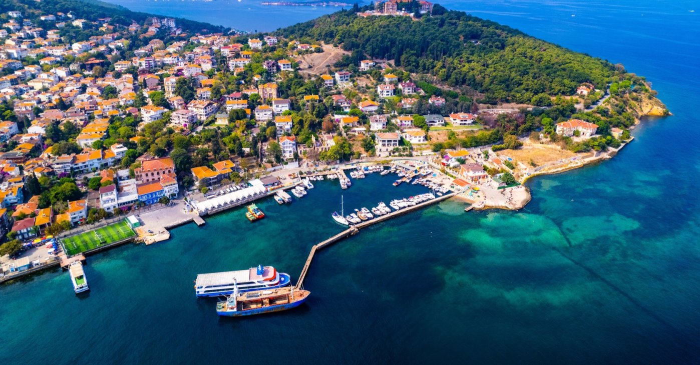 Aerial view captures Heybeliada, second-largest of the Princes' Islands in the Sea of Marmara, Istanbul, Türkiye. (Shutterstock Photo)