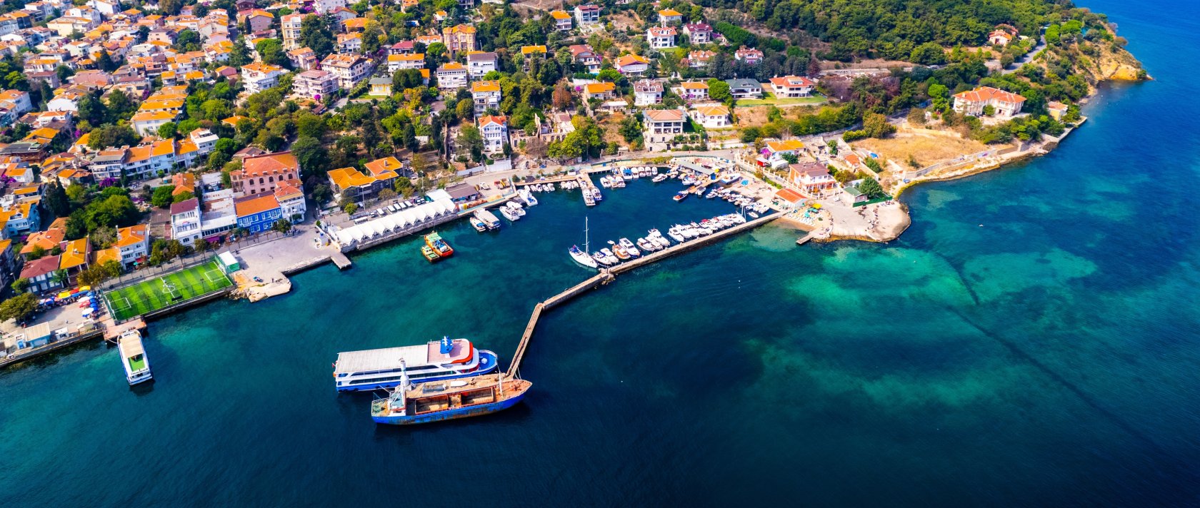 Aerial view captures Heybeliada, second-largest of the Princes' Islands in the Sea of Marmara, Istanbul, Türkiye. (Shutterstock Photo)
