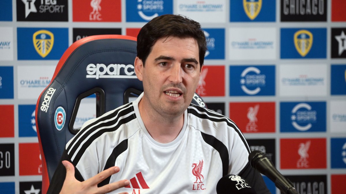 Liverpool manager Andoni Iraola speaks during the press conference at the AXA Training Centre, Liverpool, U.K., July 13, 2026. (AA Photo)