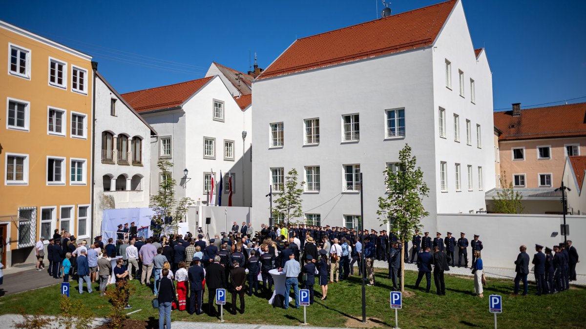 Guests attend the official opening of a police station in the building where Adolf Hitler was born in 1889, in Braunau am Inn, Austria, July 22, 2026. (EPA Photo)