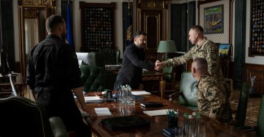 Ukraine's President Volodymyr Zelenskyy meets with Maj. Gen. Mykhailo Drapatyi in Kyiv, Ukraine, July 20, 2026. (Reuters Photo)