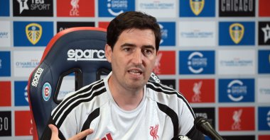 Liverpool manager Andoni Iraola speaks during the press conference at the AXA Training Centre, Liverpool, U.K., July 13, 2026. (AA Photo)