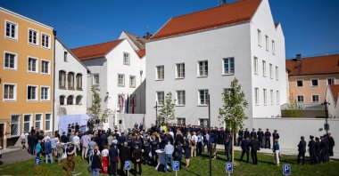 Guests attend the official opening of a police station in the building where Adolf Hitler was born in 1889, in Braunau am Inn, Austria, July 22, 2026. (EPA Photo)