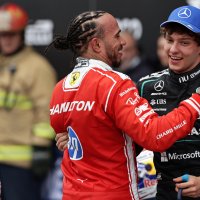 Mercedes' Kimi Antonelli's (R) is congratulated by Ferrari's Lewis Hamilton after winning the Canadian Grand Prix at the Circuit Gilles Villeneuve, Montreal, Canada, May 24, 2026. (AP Photo)