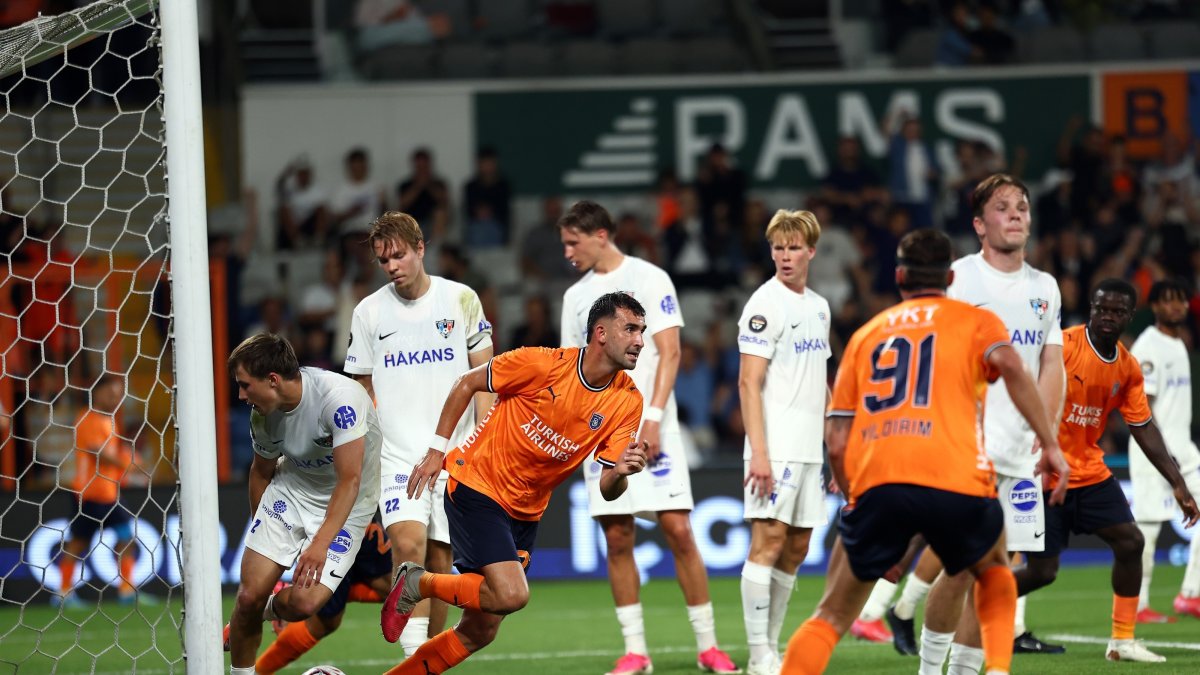 Istanbul Başakşehir's Emin Bayram (3rd L) celebrates after scoring during the UEFA Conference League second qualifying round match against Inter Turku at Başakşehir Fatih Terim Stadium, Istanbul, Türkiye, July 22, 2026. (IHA Photo)